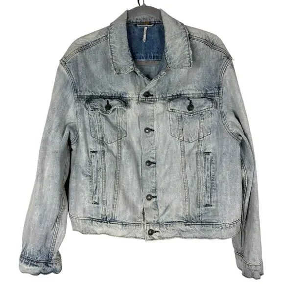 Free People Paisley Quilted Denim Jacket Trucker Boho Hippie Oversized Baggy M/L